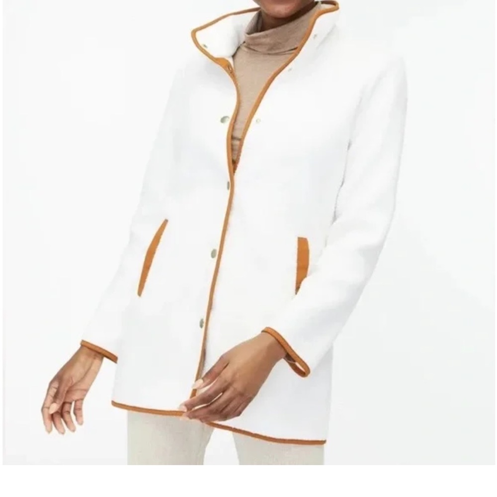 J. Crew / Women’s Ivory Sherpa Fleece Jacket, Brown Trim, Snap Up / NWT